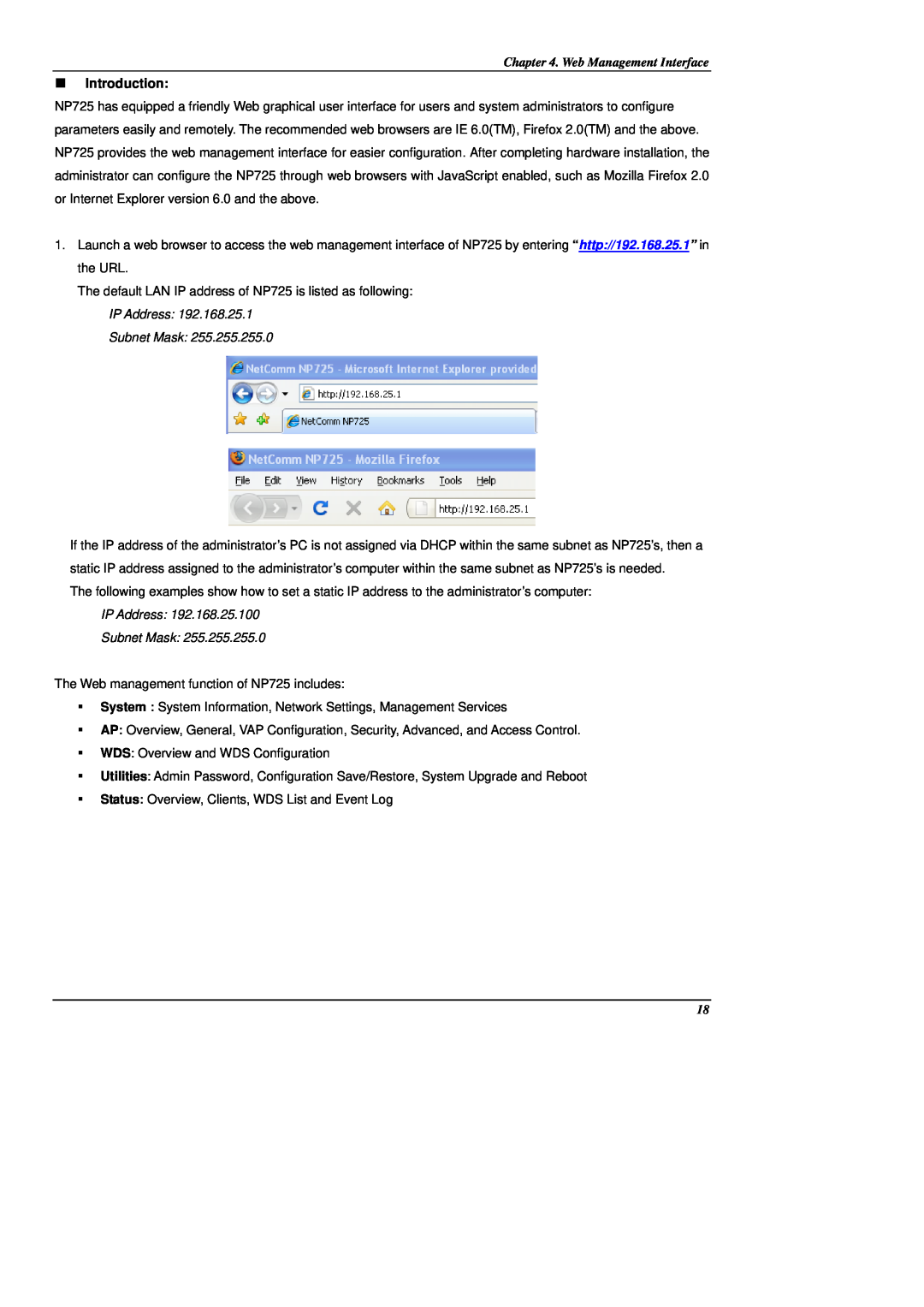 NetComm NP725 manual Introduction, Web Management Interface 