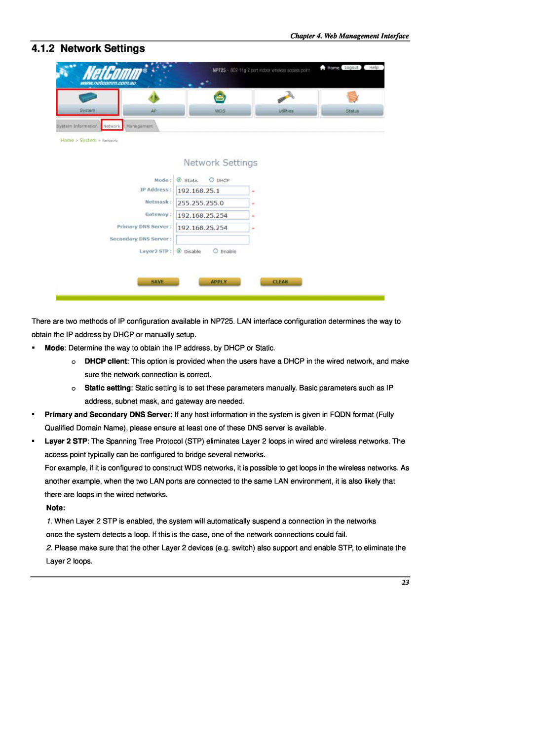 NetComm NP725 manual Network Settings, Web Management Interface 