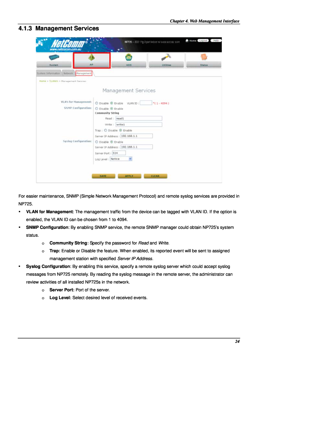 NetComm NP725 manual Management Services, Web Management Interface 