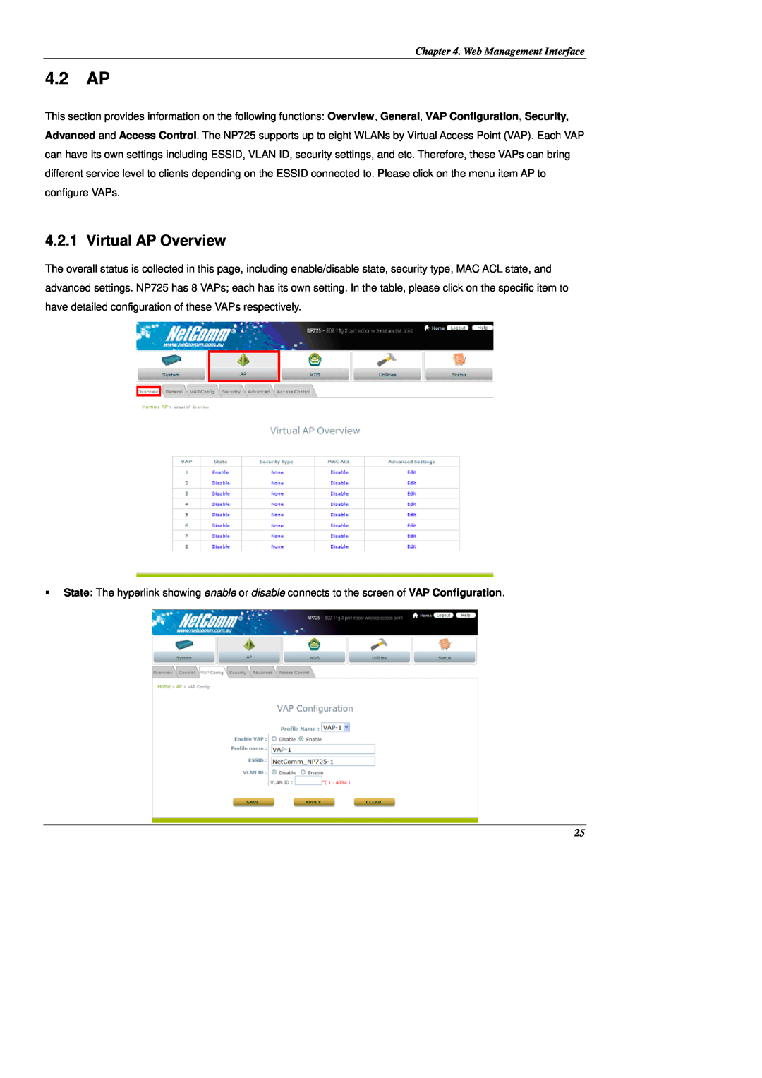 NetComm NP725 manual 4.2 AP, Virtual AP Overview, Web Management Interface 
