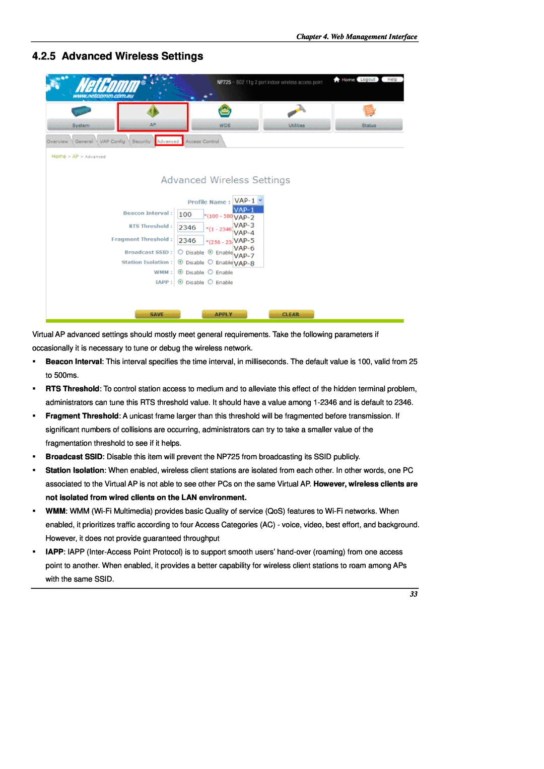 NetComm NP725 manual Advanced Wireless Settings, Web Management Interface 