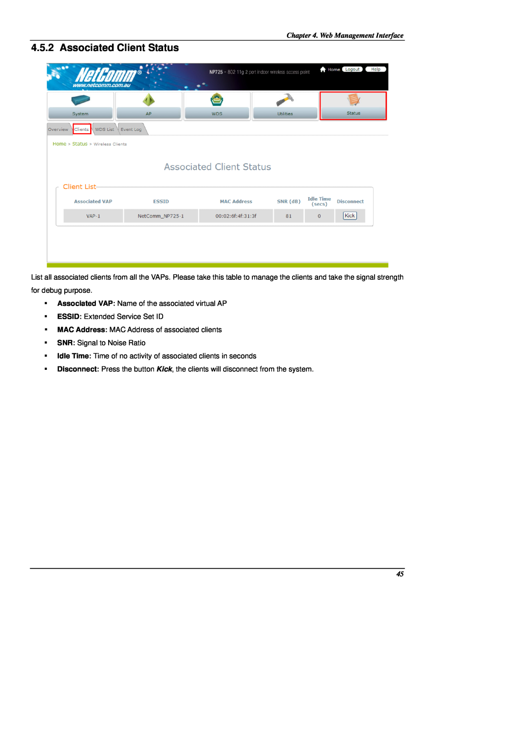 NetComm NP725 manual Associated Client Status, Web Management Interface 