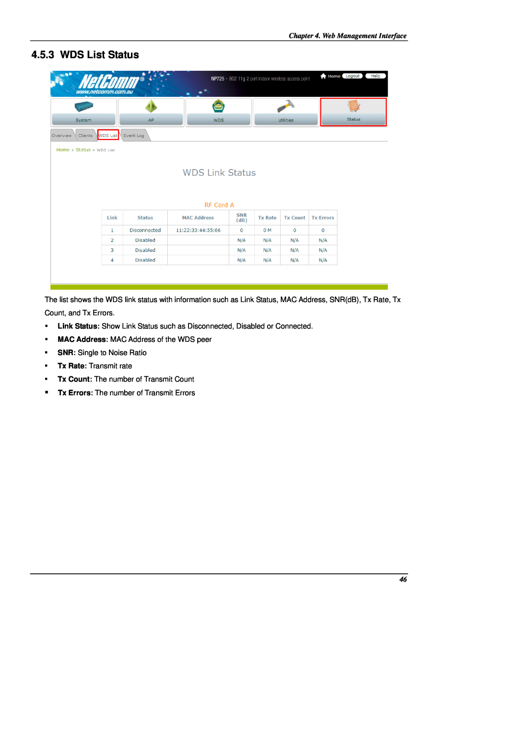 NetComm NP725 manual WDS List Status, Web Management Interface 