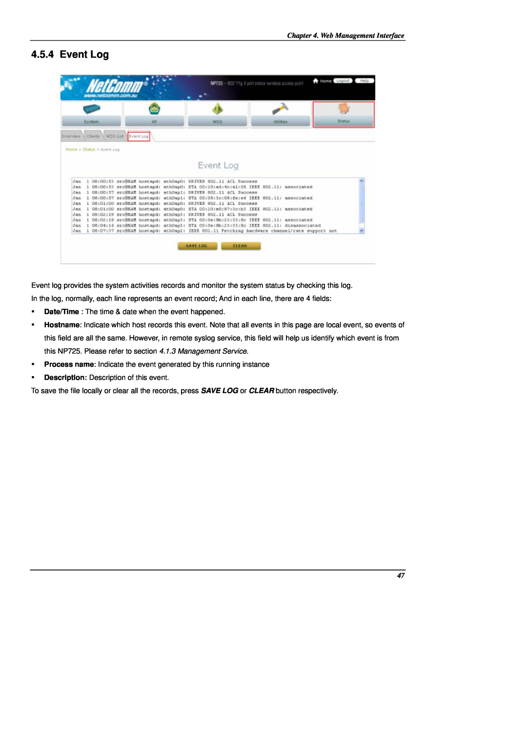 NetComm NP725 manual Event Log, Web Management Interface 