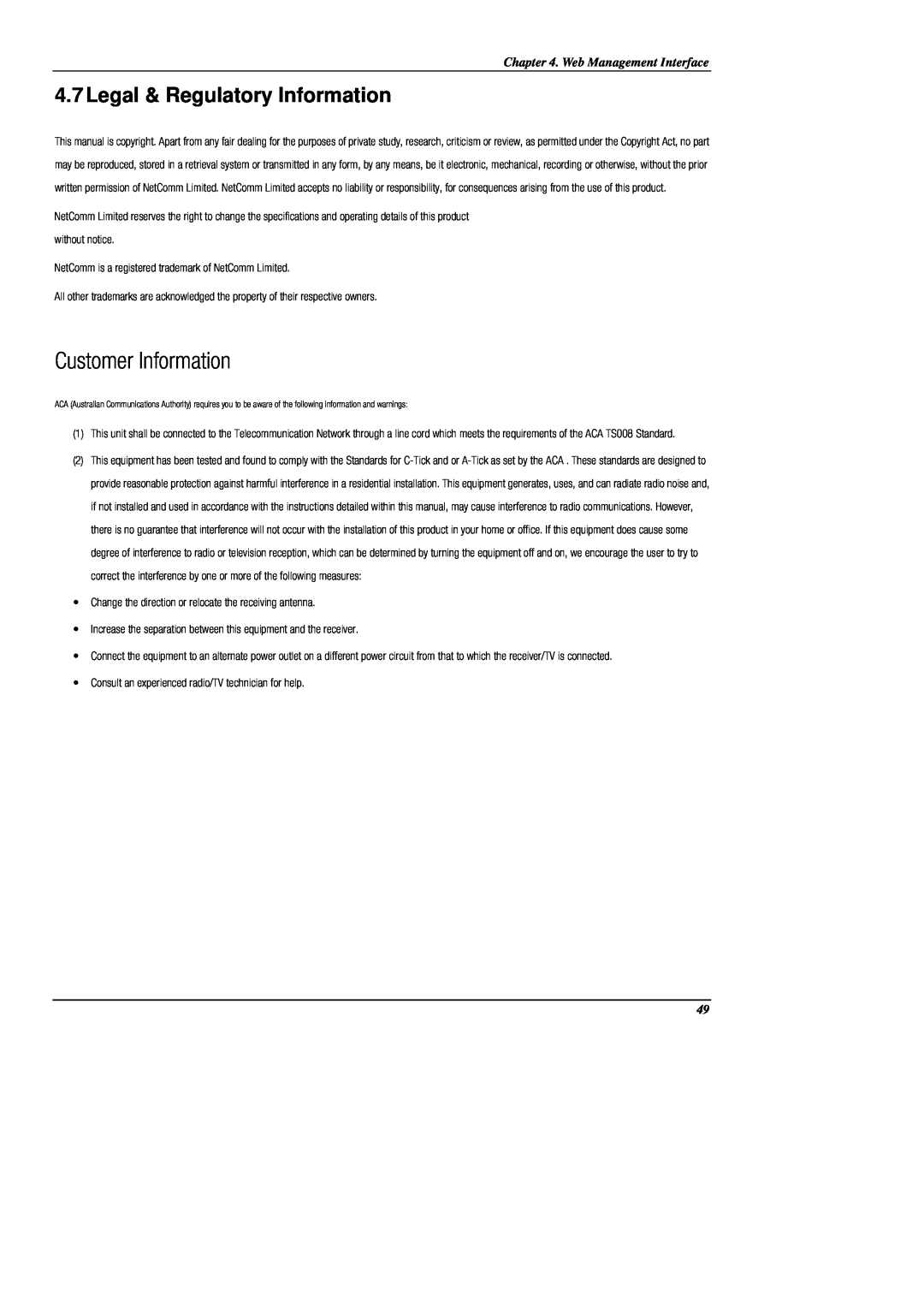 NetComm NP725 manual 4.7Legal & Regulatory Information, Customer Information, Web Management Interface 