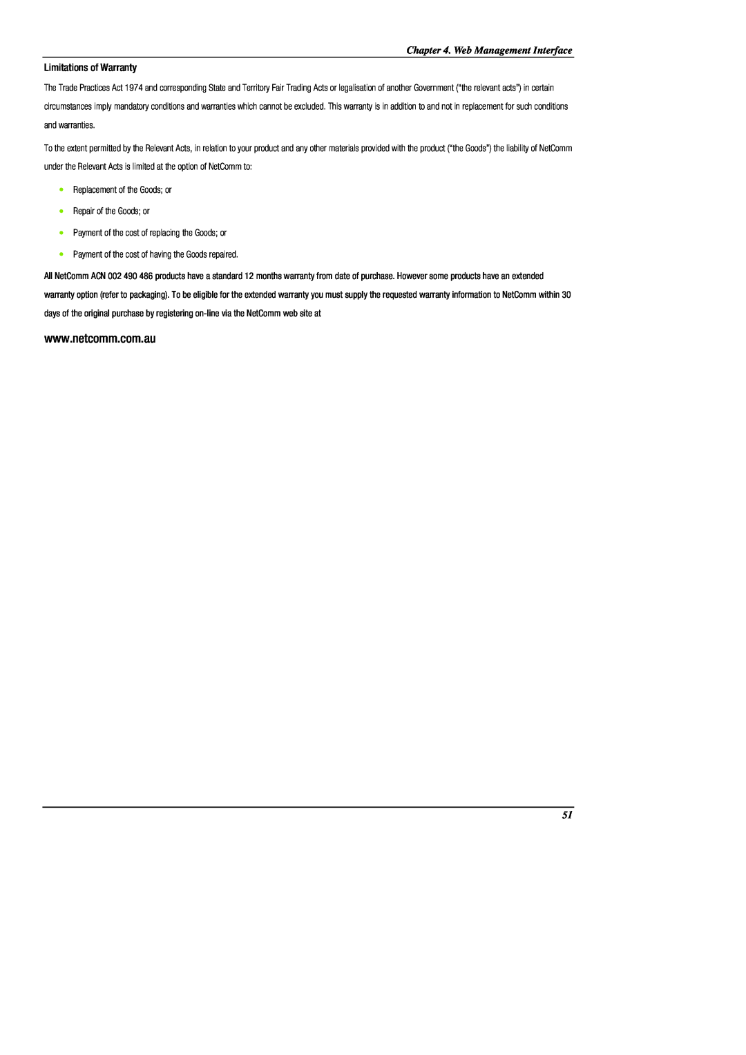 NetComm NP725 manual Web Management Interface, Limitations of Warranty 