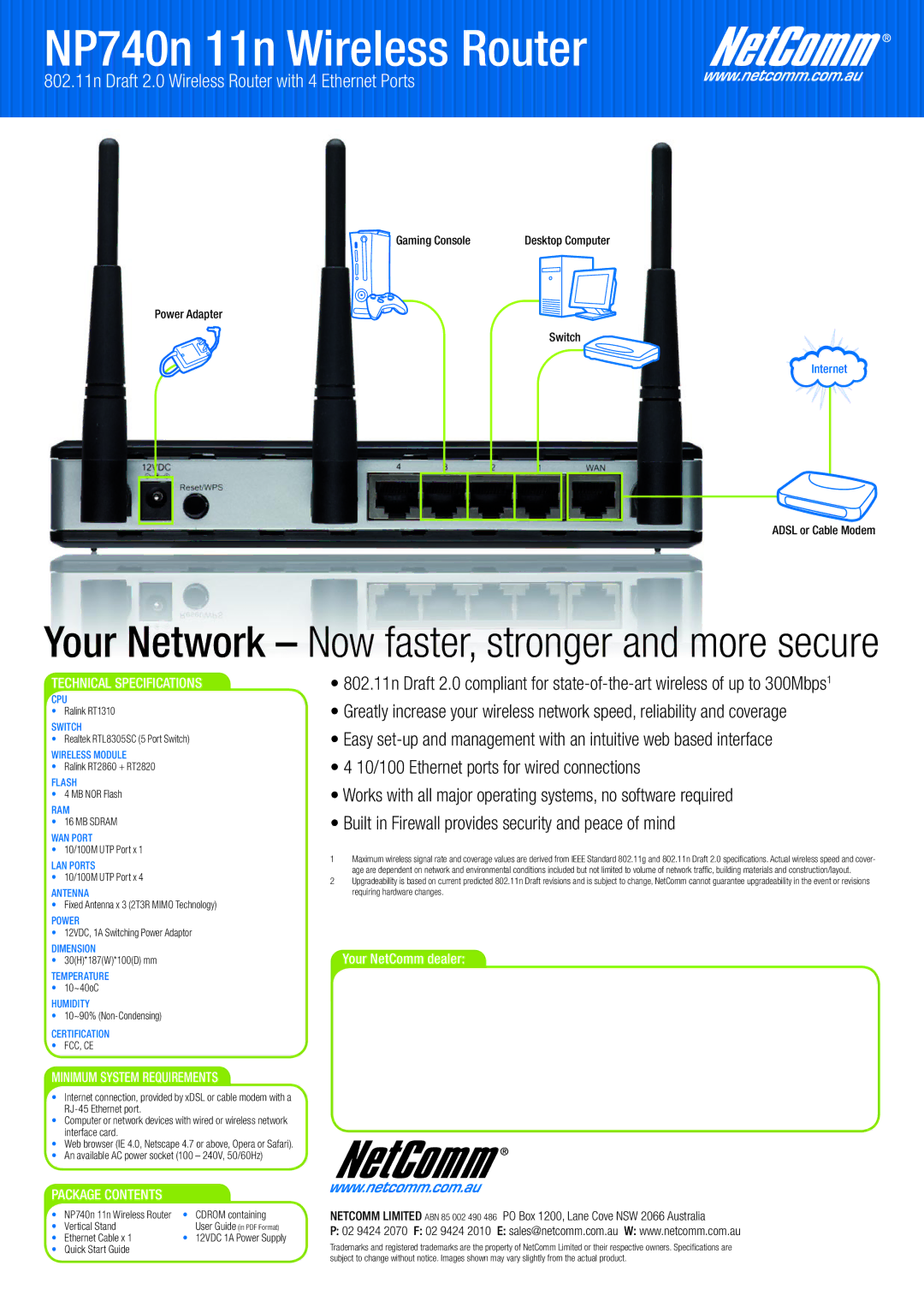 NetComm NP740n 11n manual Technical Specifications, Minimum System Requirements 