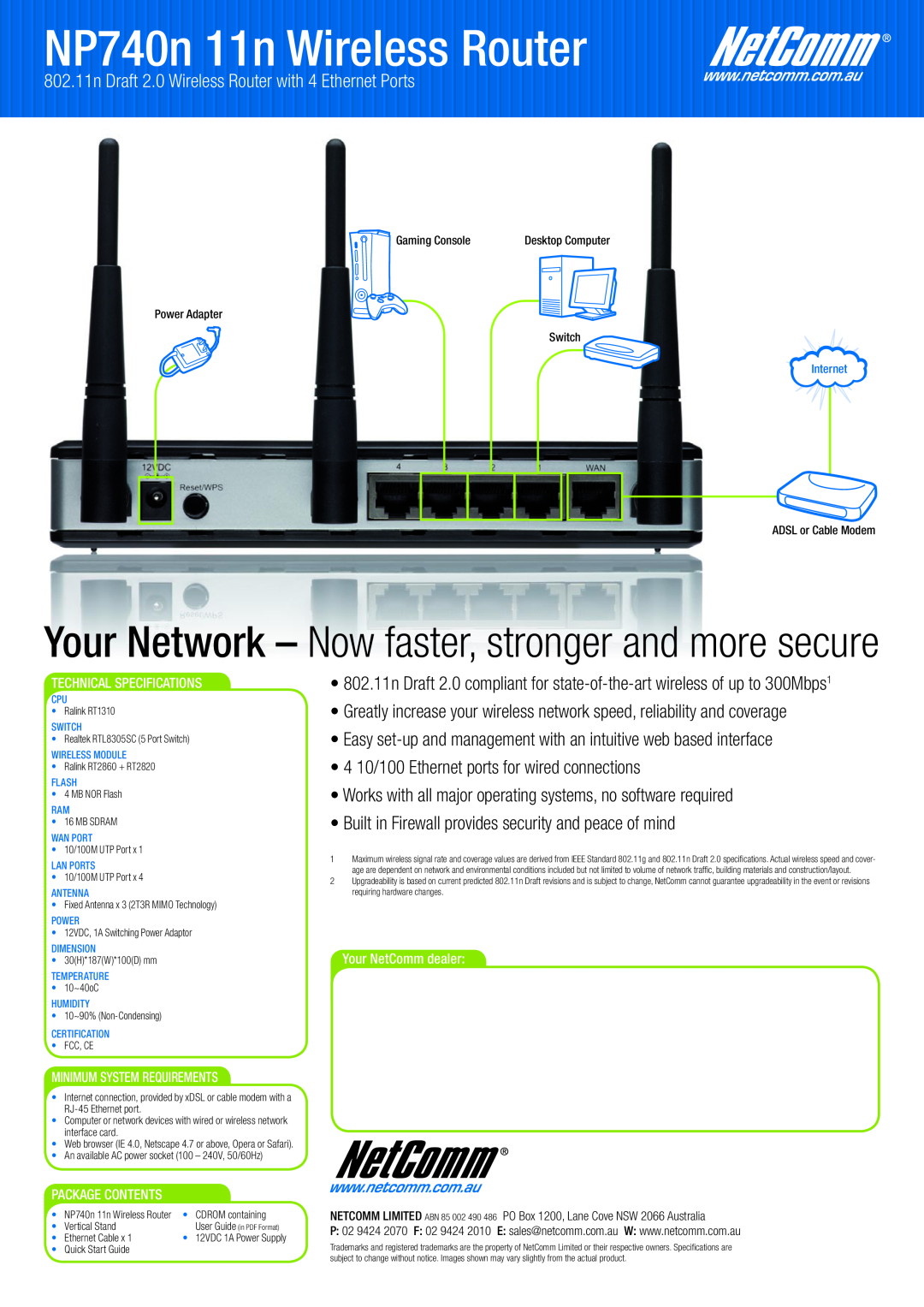 NetComm 802.11n Draft 2.0 Wireless Router with 4 Ethernet Ports, NP740n 11n Wireless Router, Technical Specifications 