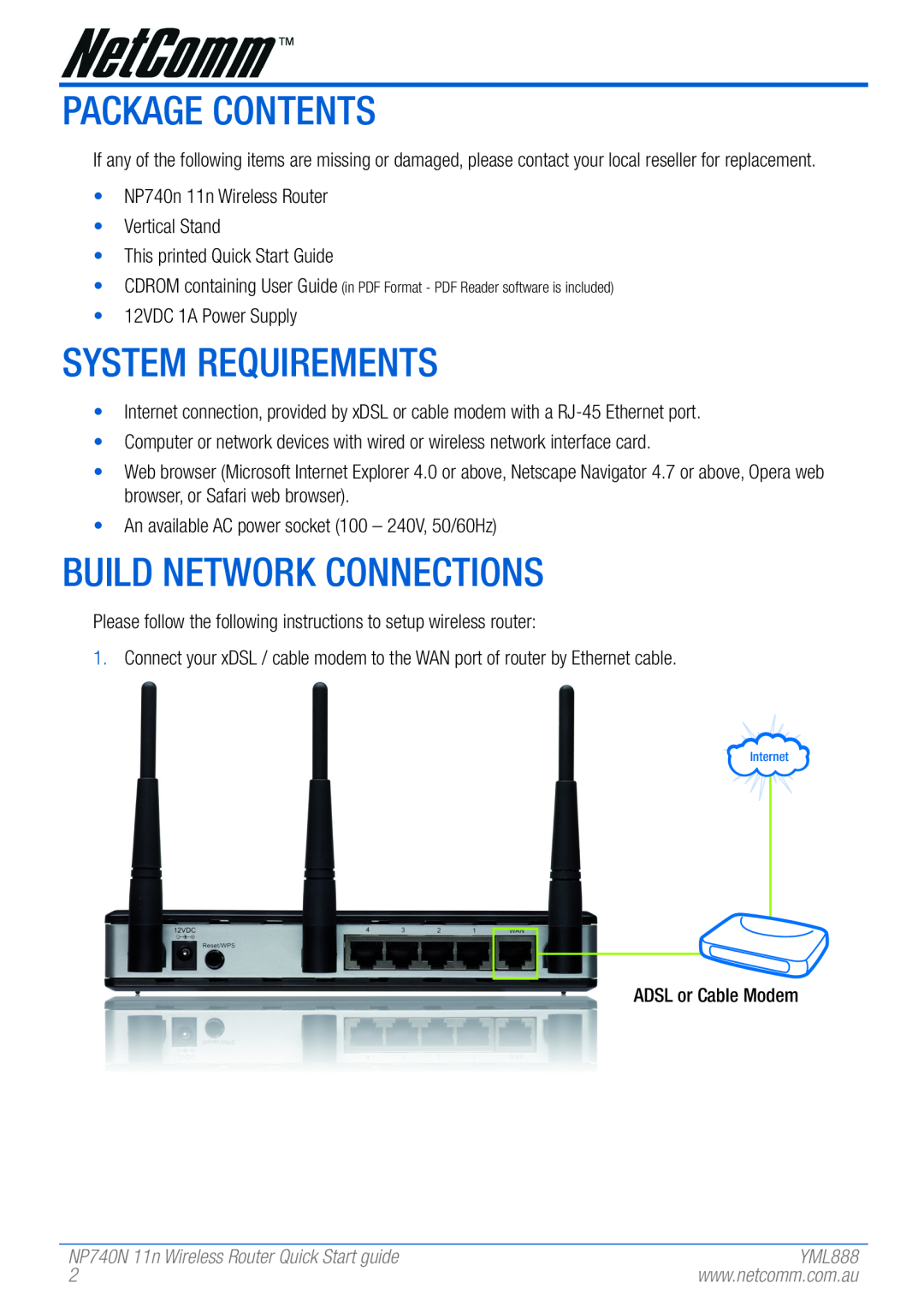 NetComm NP740N quick start Package Contents, System Requirements, Build Network Connections 