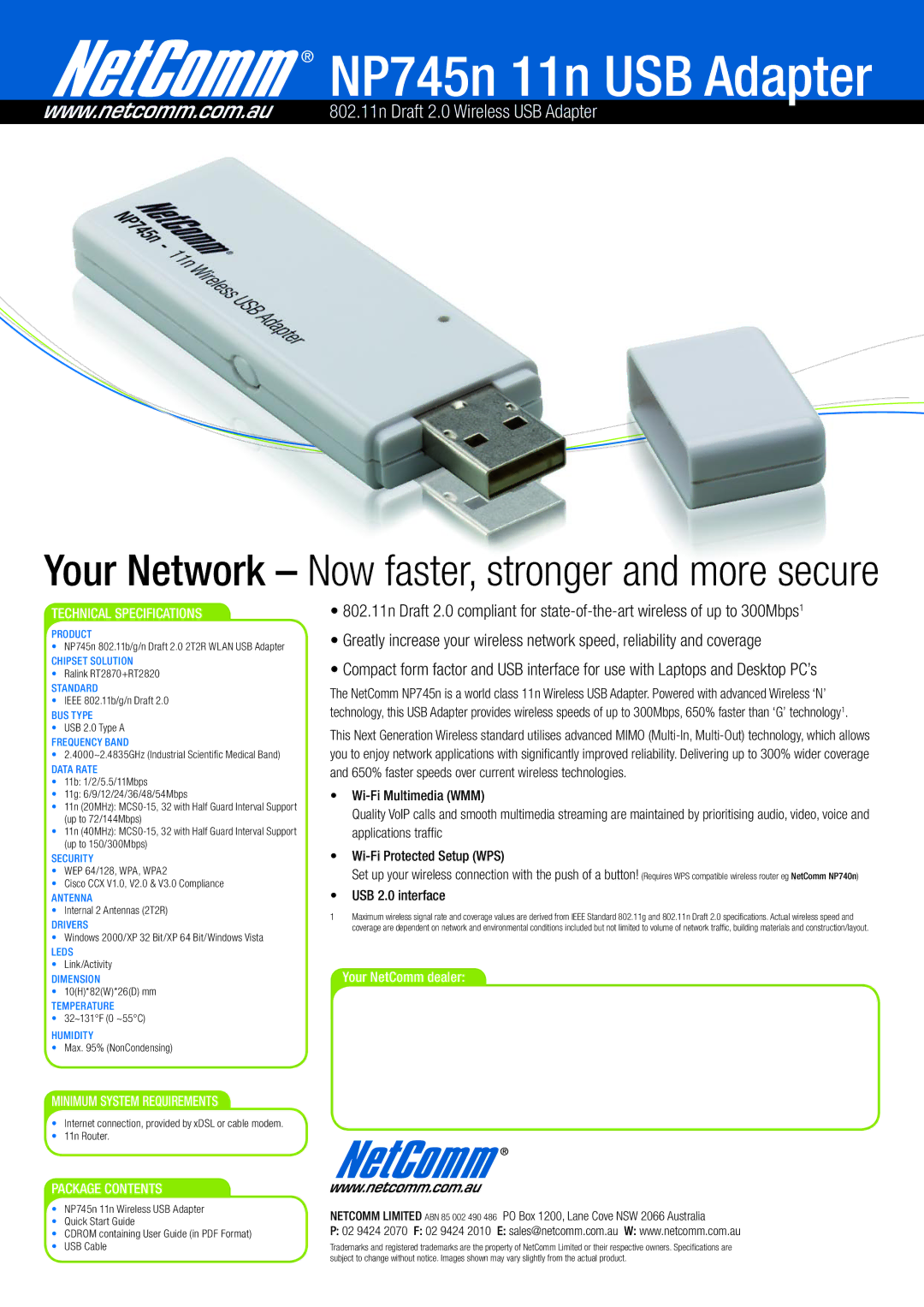 NetComm specifications NP745n 11n USB Adapter, Your Network Now faster, stronger and more secure 