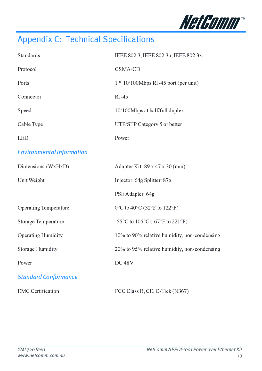 NetComm NPPOE1001 manual Appendix C Technical Specifications, Csma/Cd 