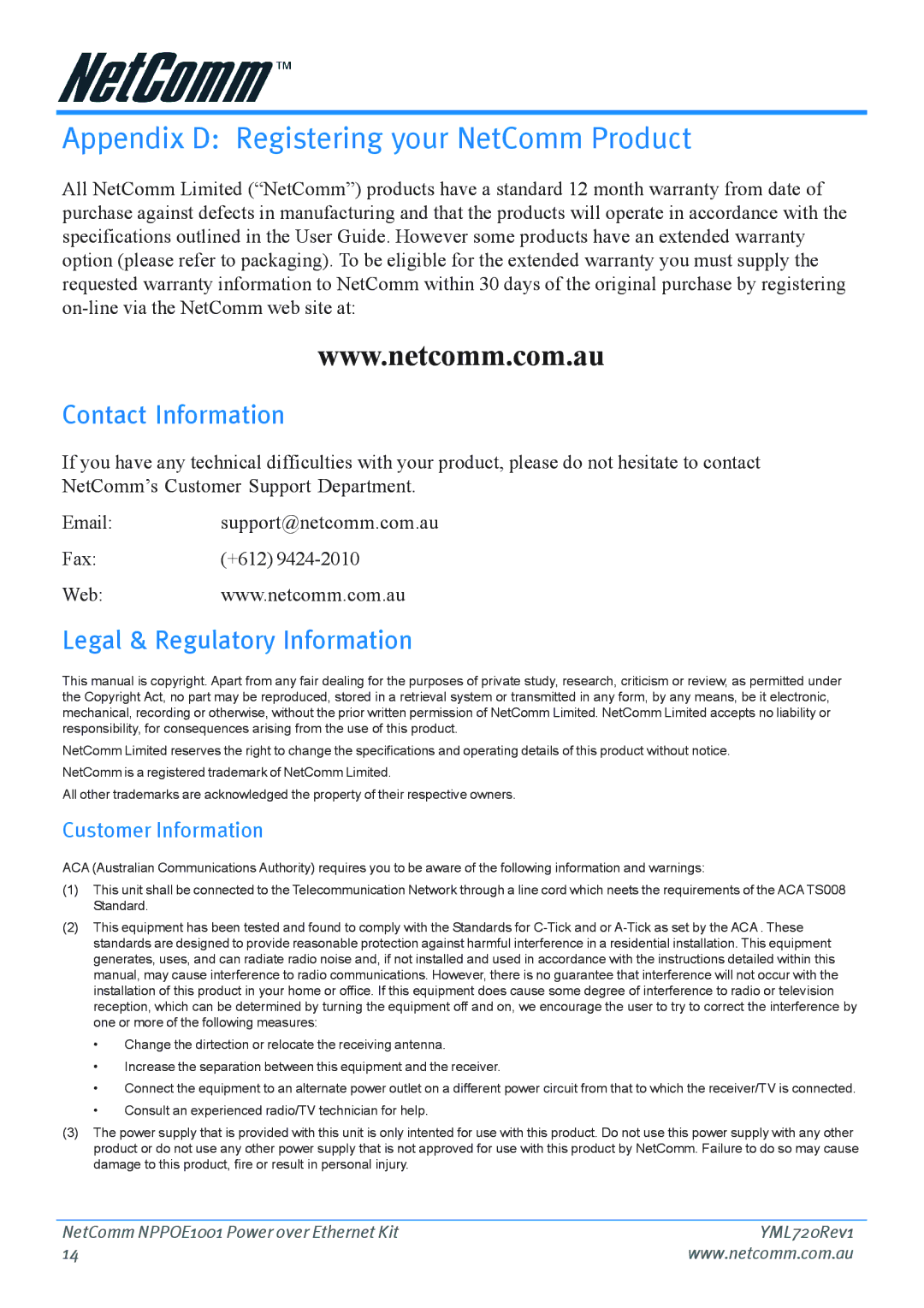 NetComm NPPOE1001 manual Appendix D Registering your NetComm Product, Contact Information, Legal & Regulatory Information 