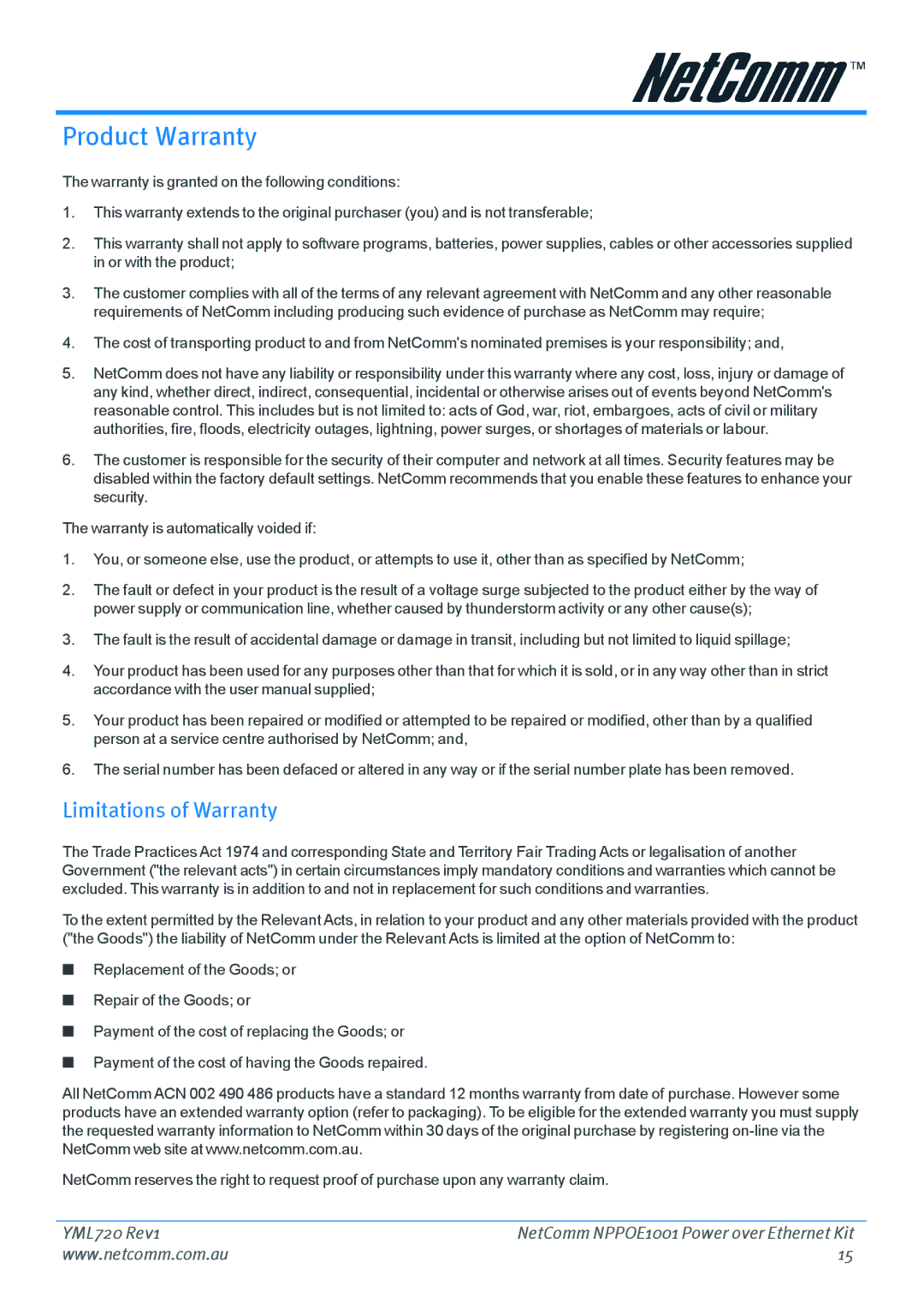 NetComm NPPOE1001 manual Product Warranty, Limitations of Warranty 