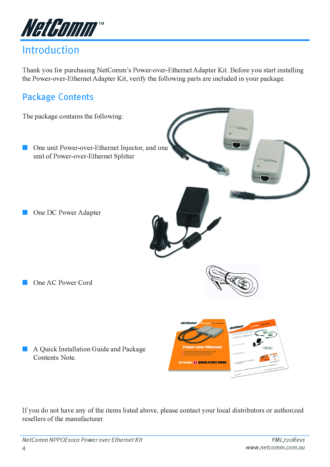 NetComm NPPOE1001 manual Introduction, Package Contents 