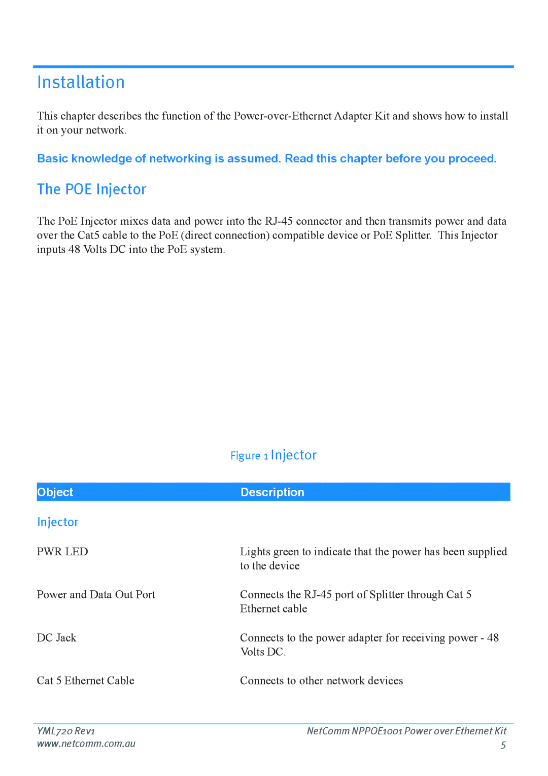 NetComm NPPOE1001 manual Installation, POE Injector 