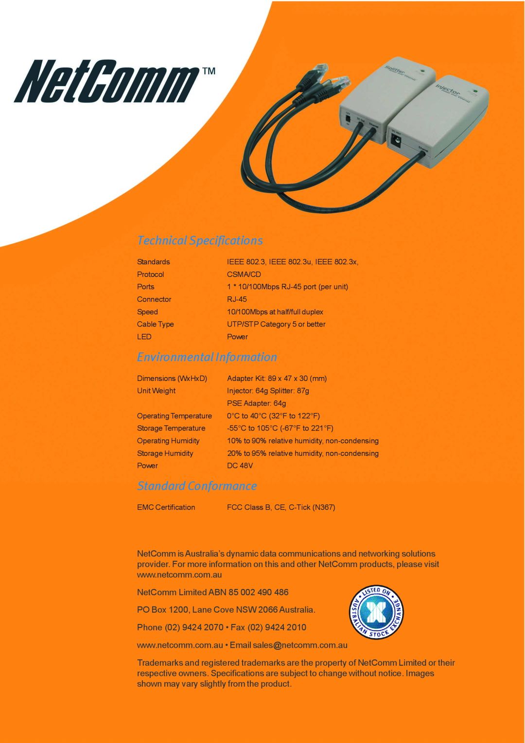 NetComm NPPOE1001 manual Technical Specifications, Environmental Information, Standard Conformance 