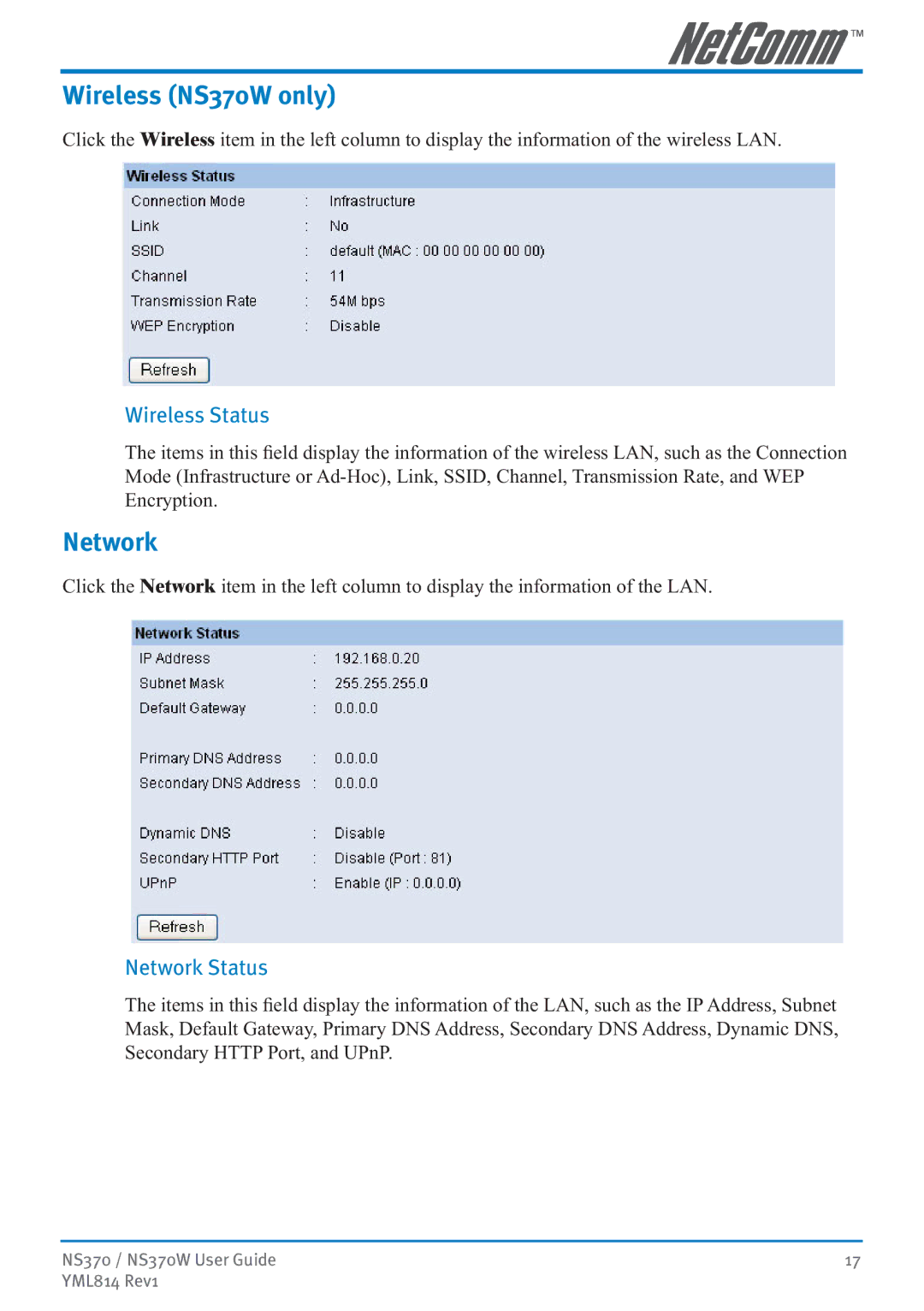 NetComm manual Wireless NS370W only, Wireless Status, Network Status 