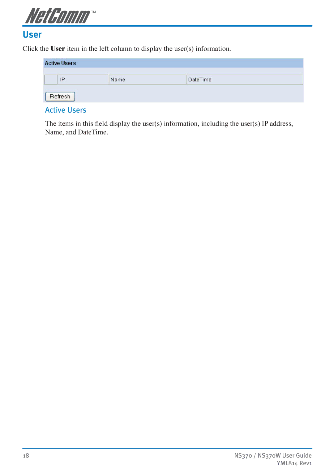 NetComm NS370W manual Active Users 