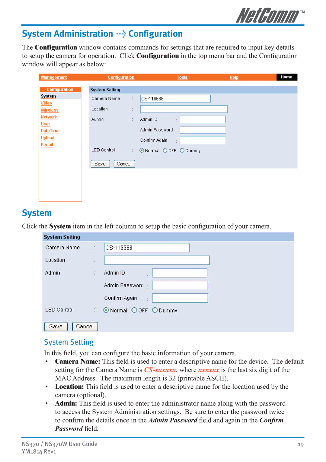 NetComm NS370W manual System Administration Configuration, System Setting 