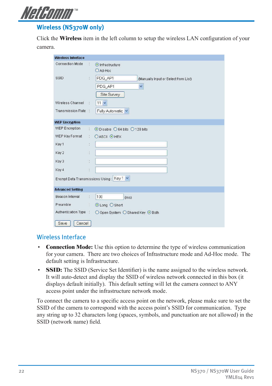 NetComm manual Wireless NS370W only, Wireless Interface 