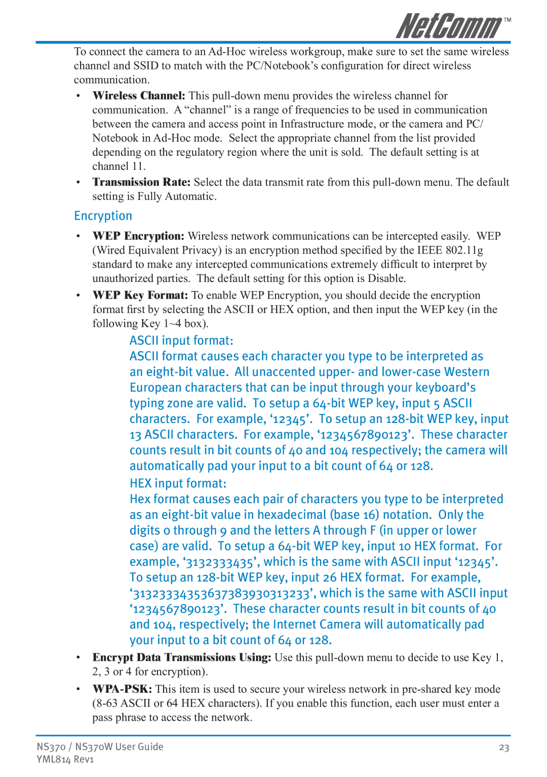 NetComm NS370W manual Encryption 
