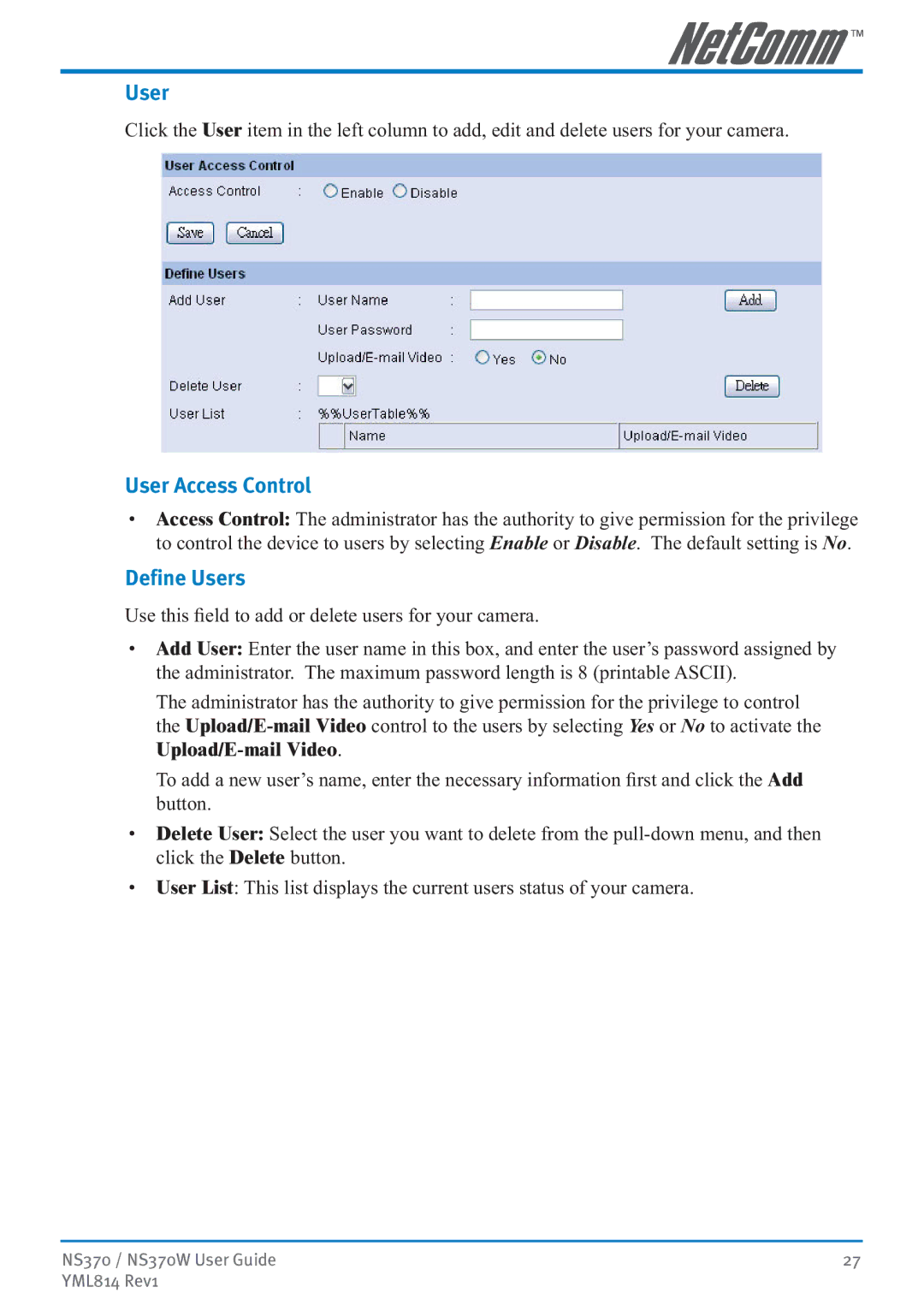 NetComm NS370W manual User Access Control, Define Users 