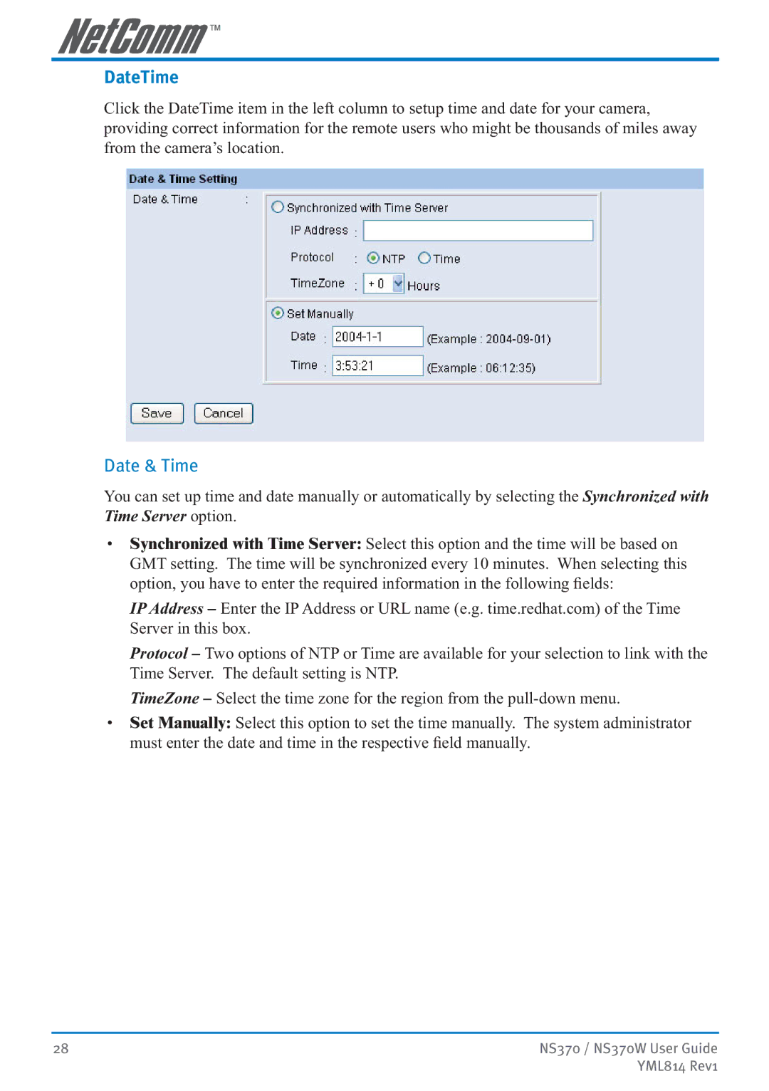 NetComm NS370W manual DateTime, Date & Time 