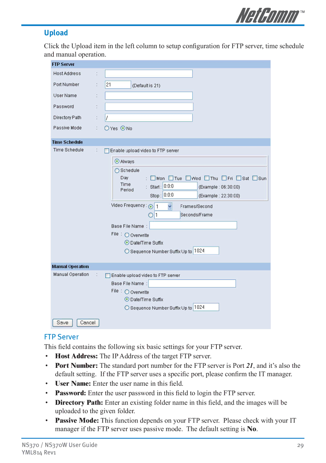 NetComm NS370W manual Upload, FTP Server 