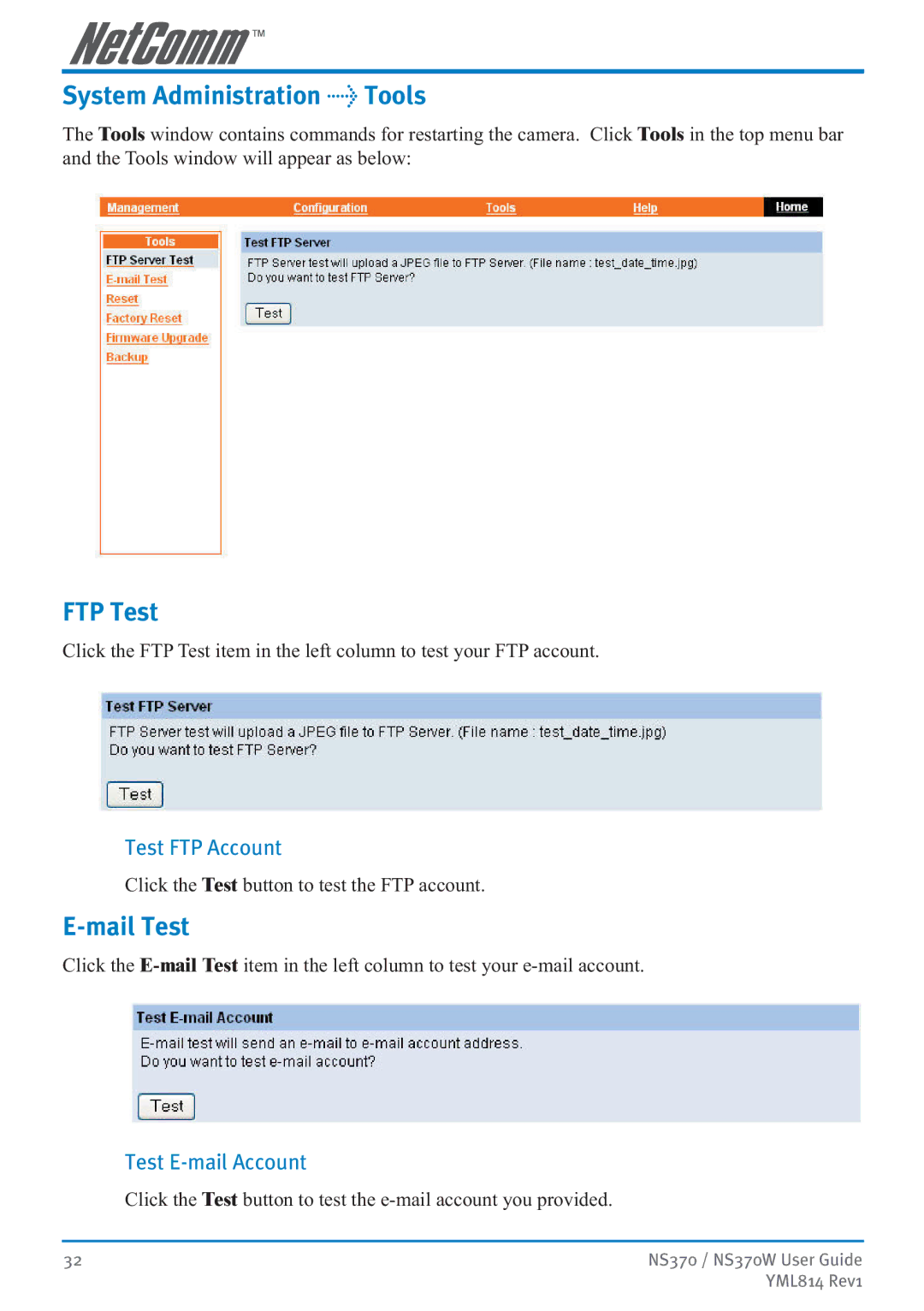 NetComm NS370W manual System Administration Tools, FTP Test, Mail Test, Test FTP Account, Test E-mail Account 