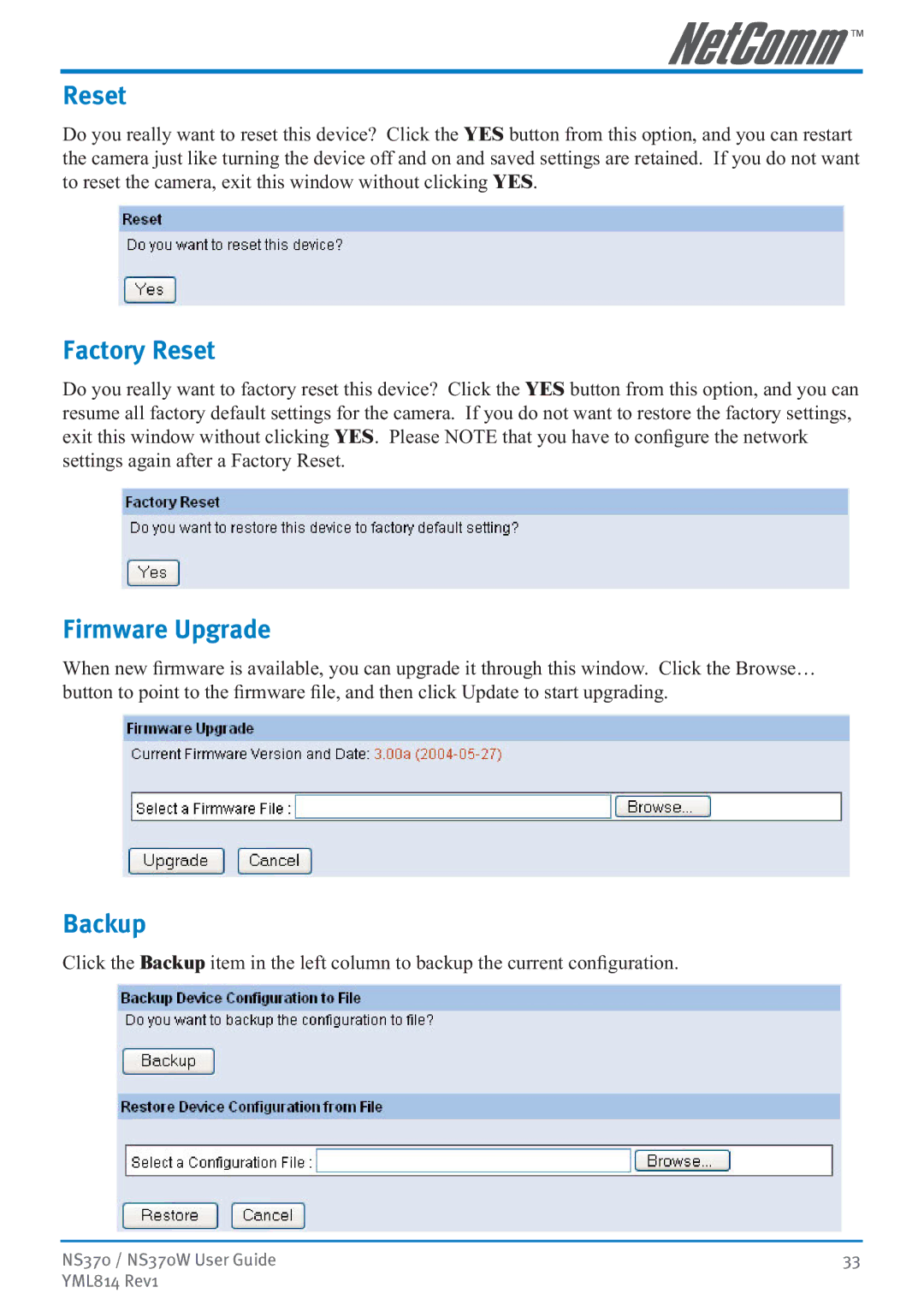 NetComm NS370W manual Factory Reset, Firmware Upgrade, Backup 