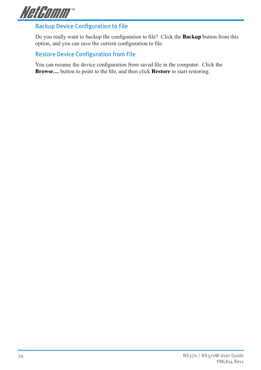 NetComm NS370W manual Backup Device Configuration to File, Restore Device Configuration from File 