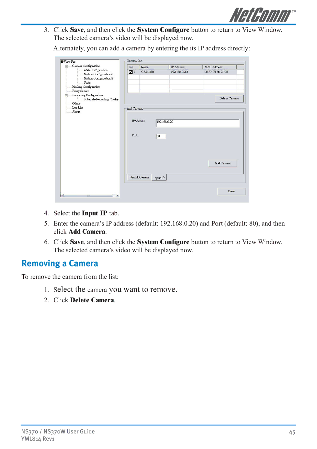 NetComm NS370W manual Removing a Camera, Click Delete Camera 