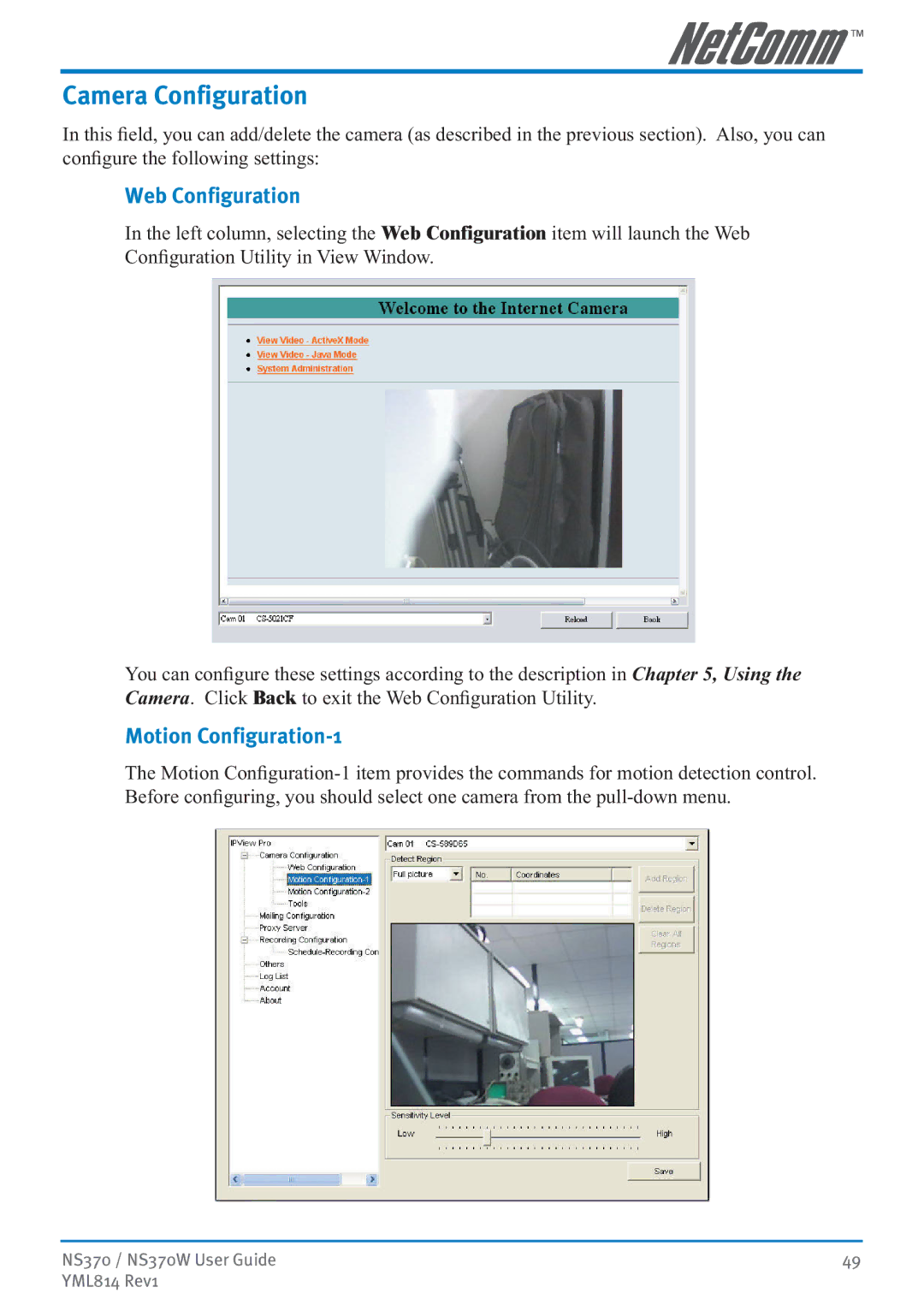 NetComm NS370W manual Camera Configuration, Motion Configuration-1 