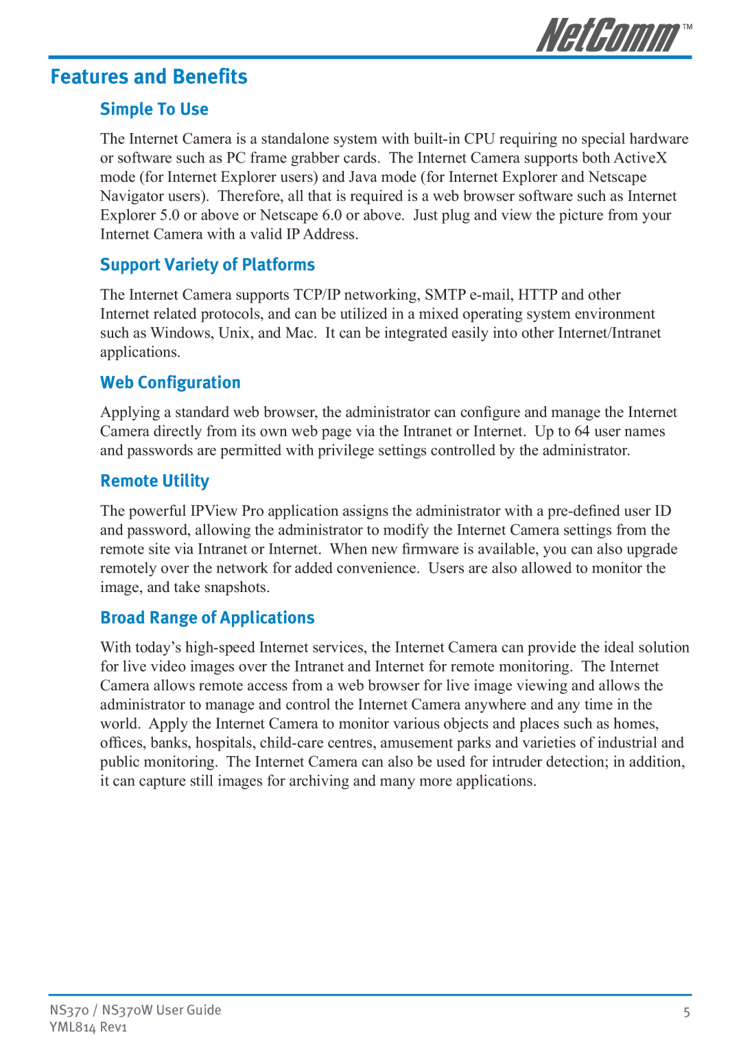 NetComm NS370W manual Features and Benefits 