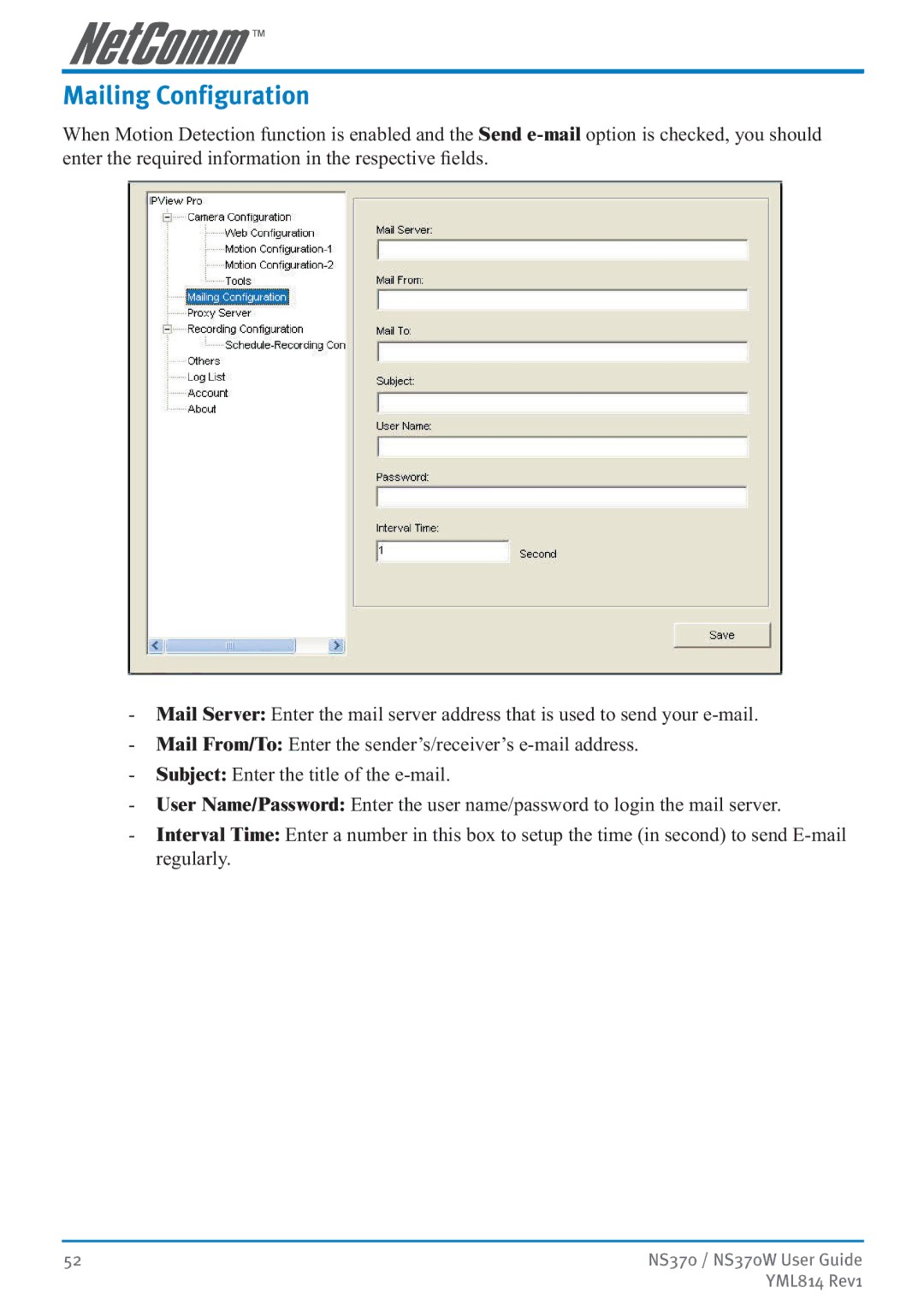 NetComm NS370W manual Mailing Configuration 