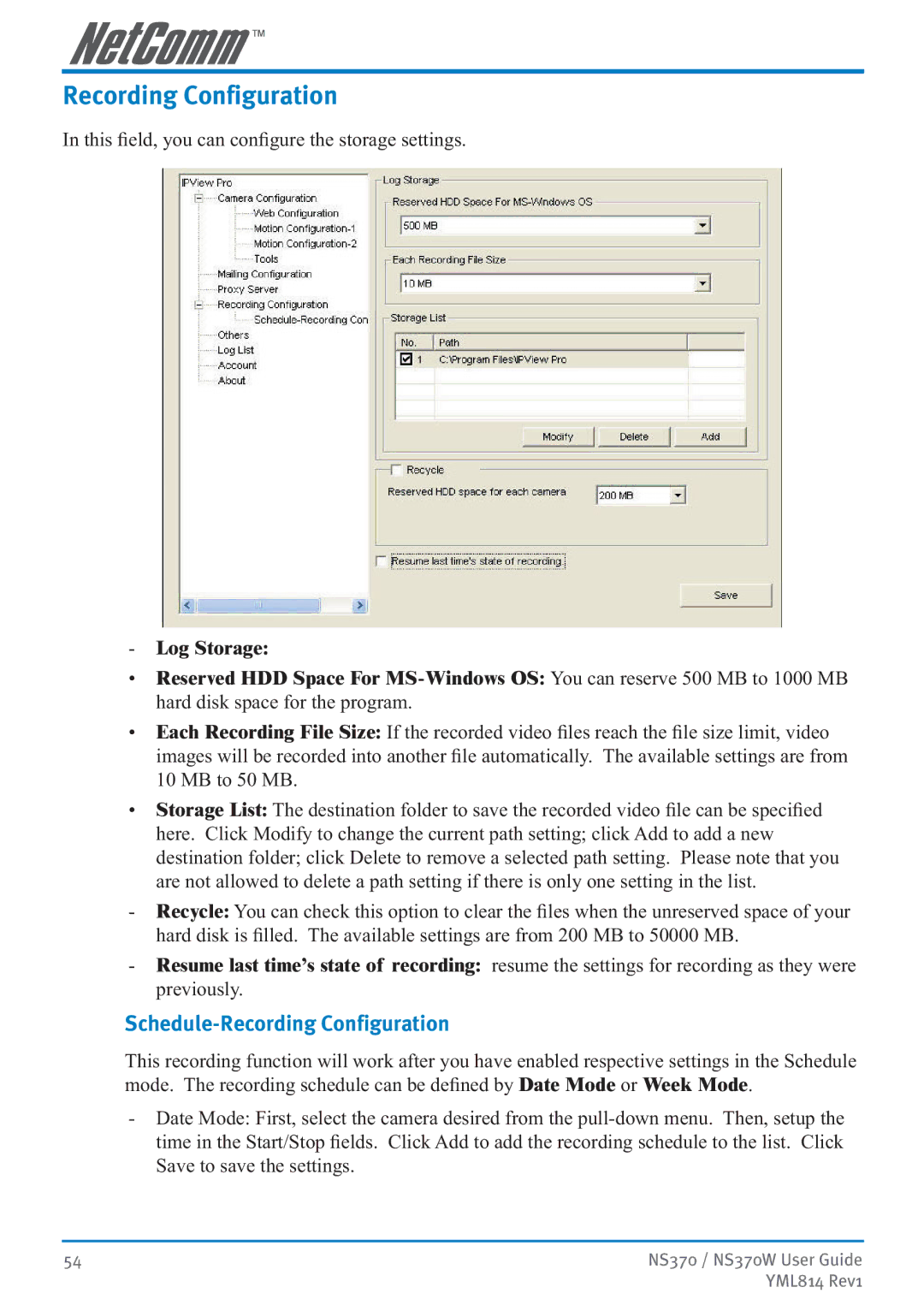 NetComm NS370W manual Schedule-Recording Configuration 