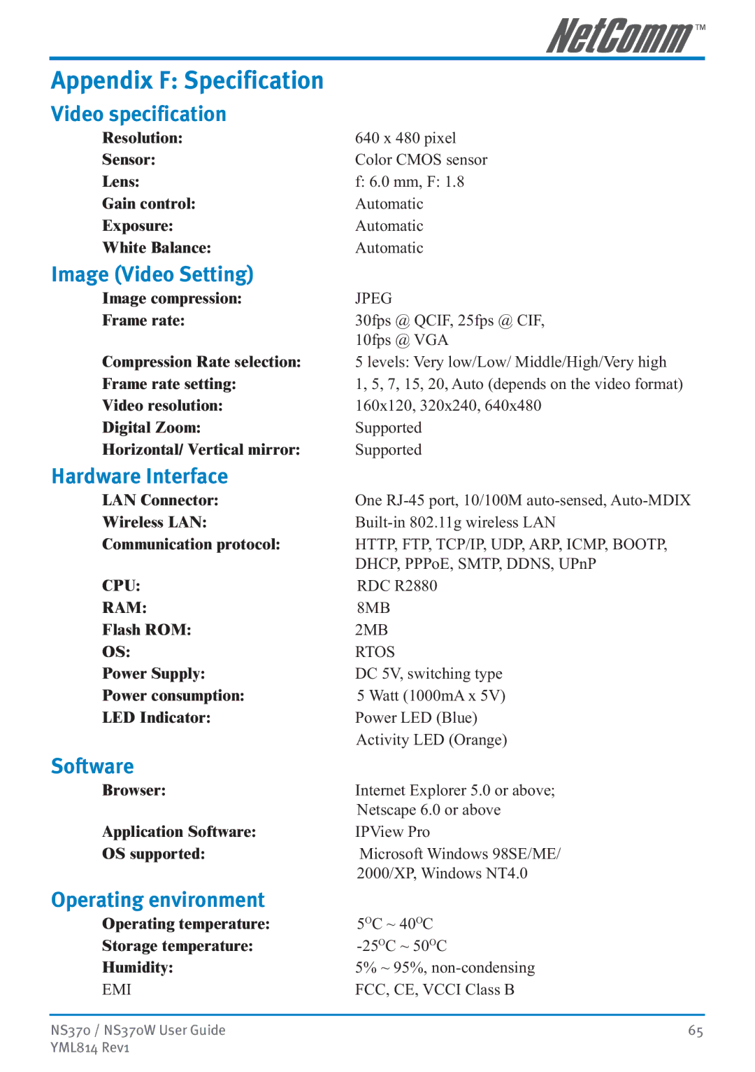 NetComm NS370W manual Appendix F Specification 