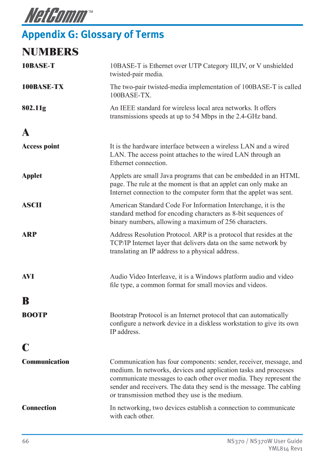 NetComm NS370W manual Appendix G Glossary of Terms 