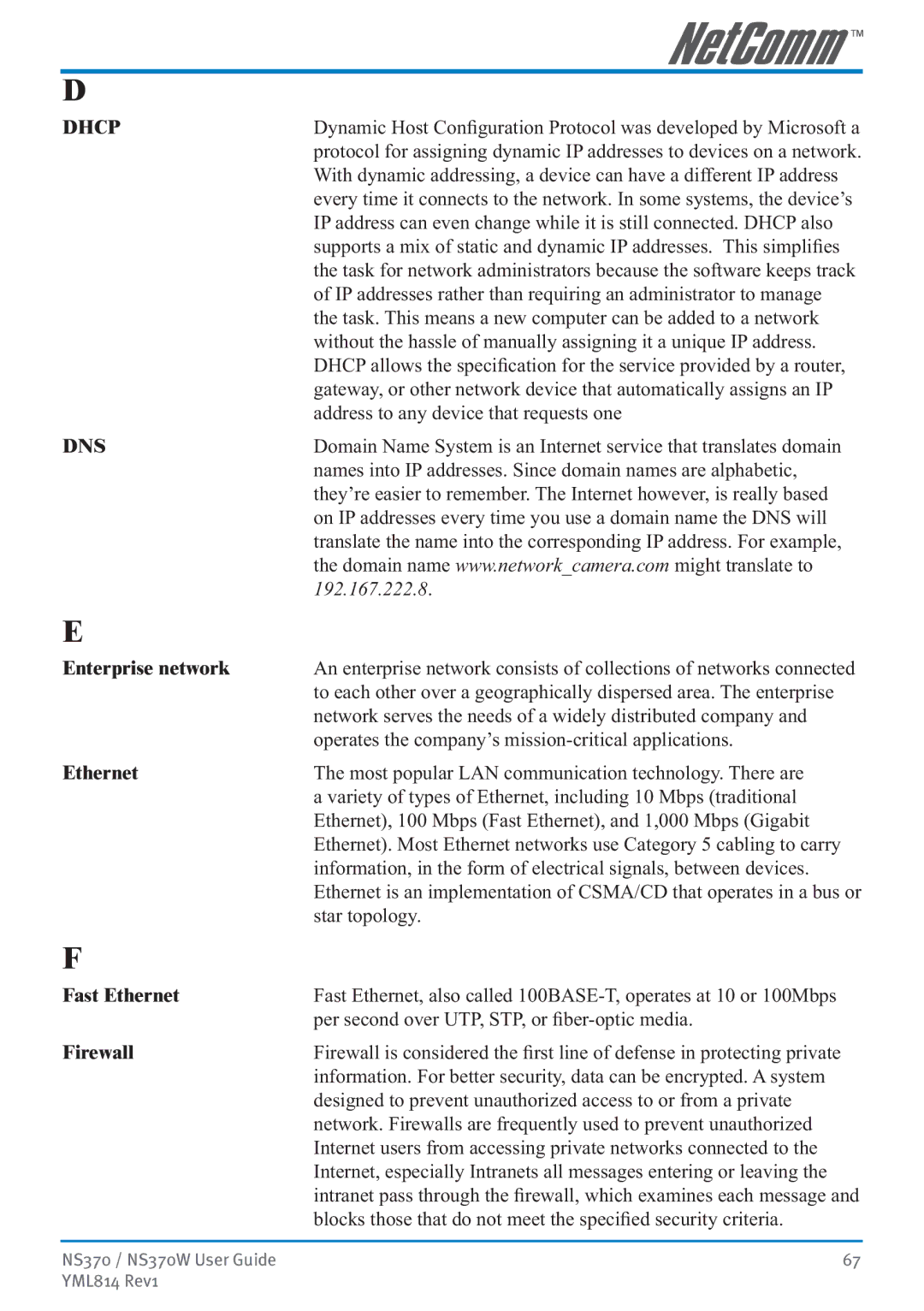 NetComm NS370W manual Dhcp, Dns 