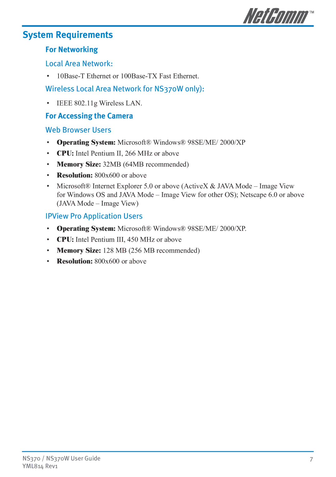 NetComm NS370W manual System Requirements, For Networking, For Accessing the Camera 