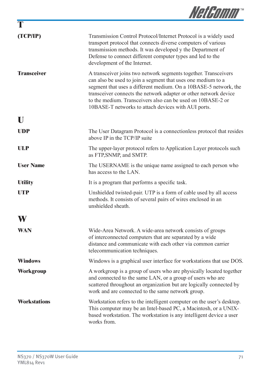 NetComm NS370W manual Tcp/Ip, Udp, Ulp, Utp, Wan 