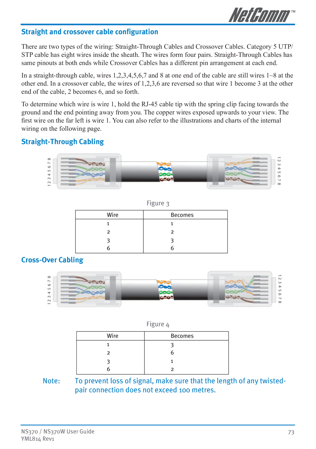 NetComm NS370W manual Straight and crossover cable configuration, Straight-Through Cabling, Cross-Over Cabling 