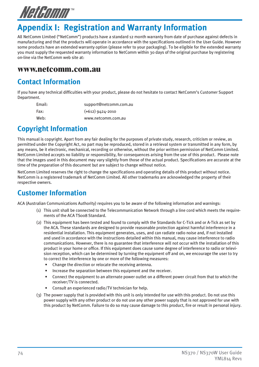 NetComm NS370W manual Appendix I Registration and Warranty Information, Contact Information, Copyright Information 