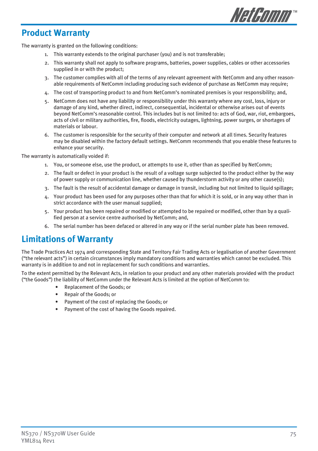 NetComm NS370W manual Product Warranty, Limitations of Warranty 