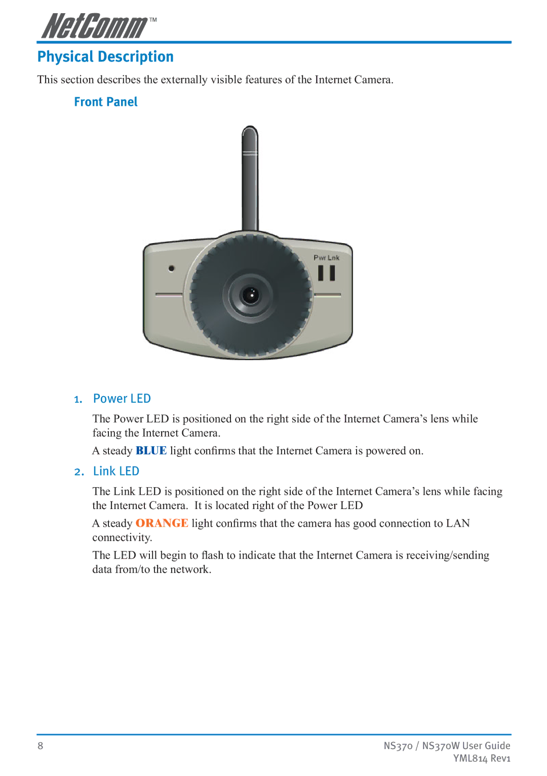 NetComm NS370W manual Physical Description, Front Panel, Power LED, Link LED 