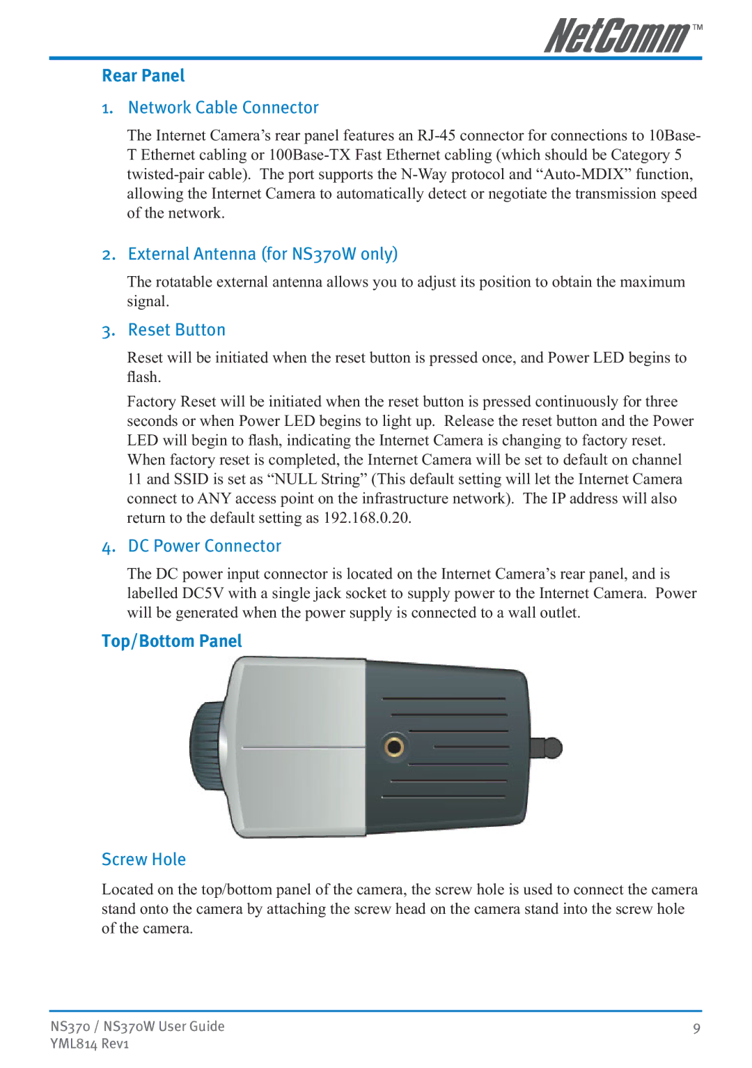 NetComm NS370W manual Rear Panel, Top/Bottom Panel 