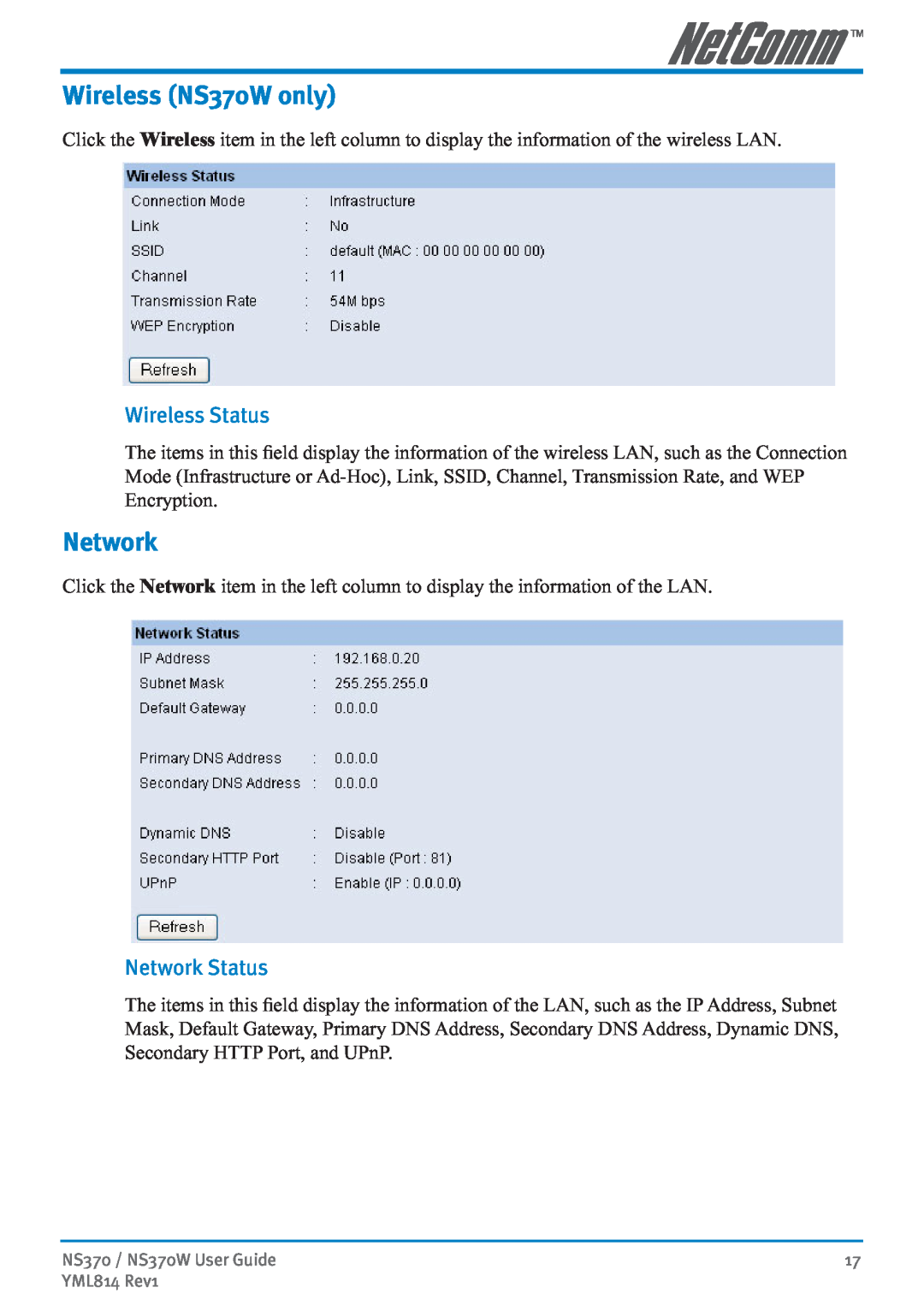 NetComm manual Wireless NS370W only, Wireless Status, Network Status 
