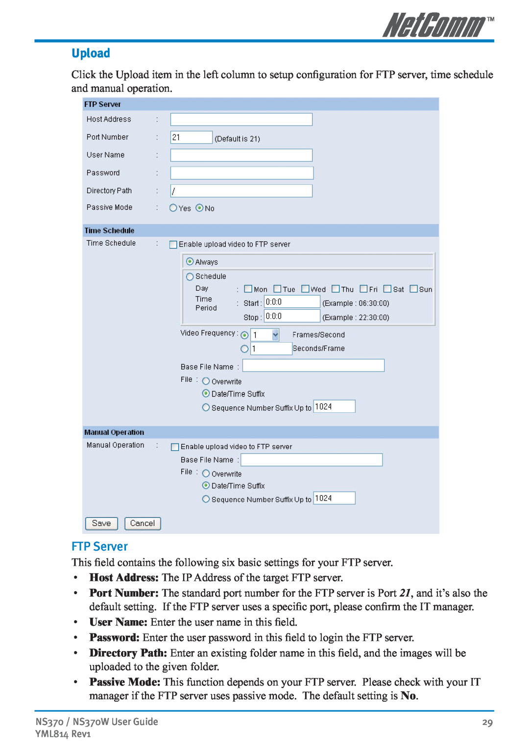 NetComm NS370W manual Upload, FTP Server 