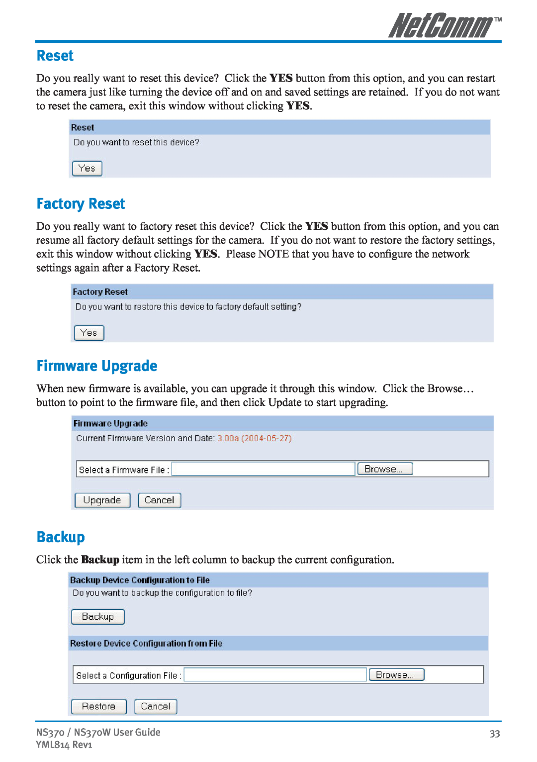 NetComm NS370W manual Factory Reset, Firmware Upgrade, Backup 