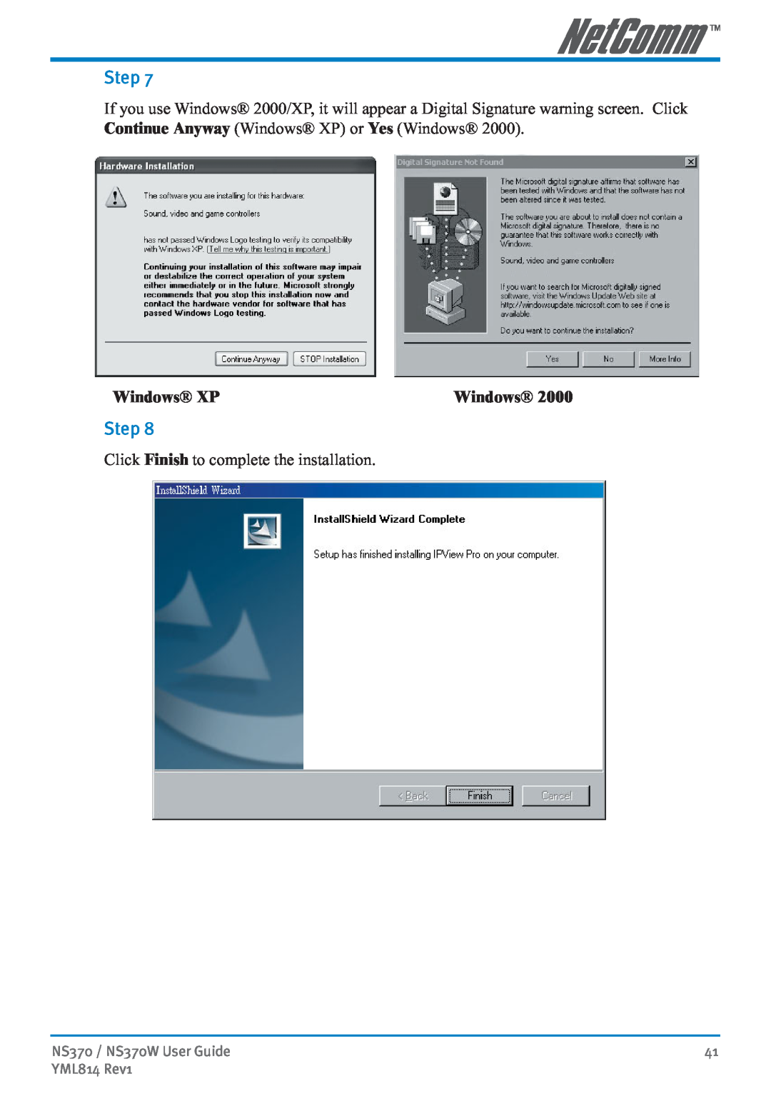 NetComm manual Windows XP, Step, NS370 / NS370W User Guide, YML814 Rev1 